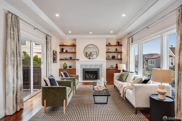 20 Marietta Dr, San Francisco, CA 94127 - living area featuring wood finished floors, healthy amount of natural light, a tile fireplace, ornamental molding, and recessed lighting