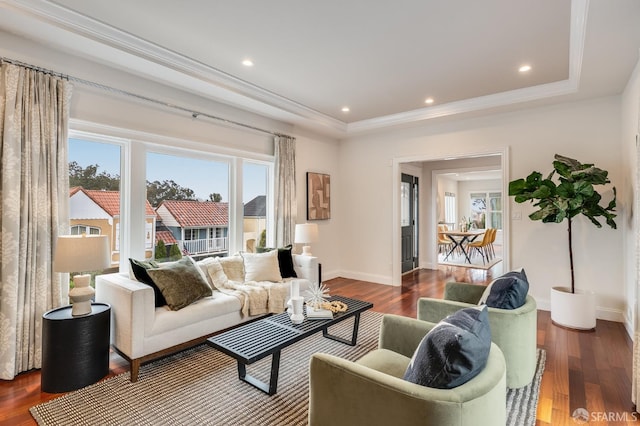 20 Marietta Dr, San Francisco, CA 94127 - living area with a tray ceiling, baseboards, wood finished floors, ornamental molding, and recessed lighting
