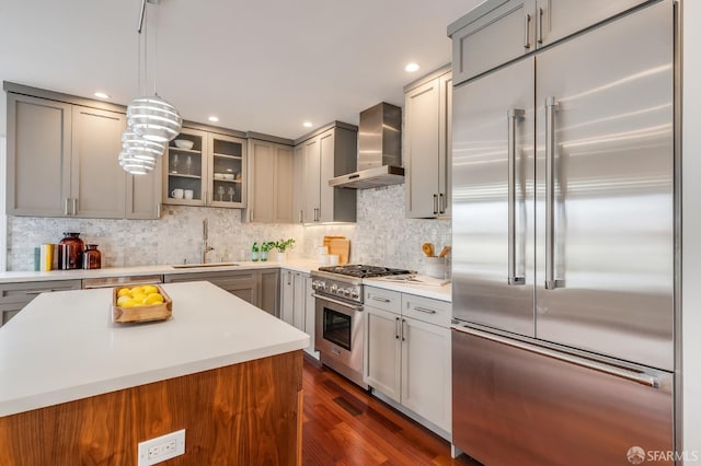 20 Marietta Dr, San Francisco, CA 94127 - kitchen with high end appliances, gray cabinetry, a sink, wall chimney exhaust hood, and light countertops
