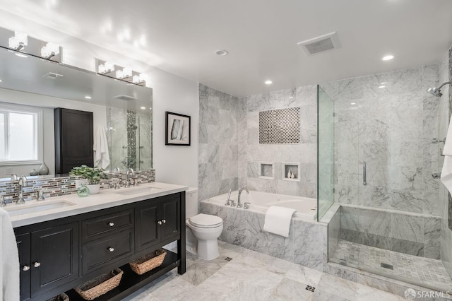 20 Marietta Dr, San Francisco, CA 94127 - full bath with a garden tub, a marble finish shower, decorative backsplash, double vanity, and marble finish flooring