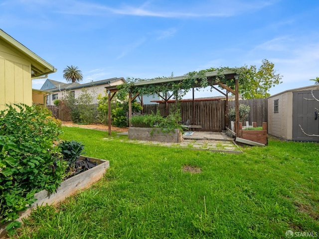 view of yard with a storage shed, a garden, a fenced backyard, and an outbuilding