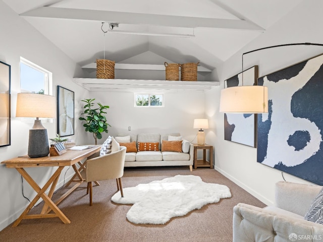 carpeted living area featuring a healthy amount of sunlight, vaulted ceiling, and baseboards