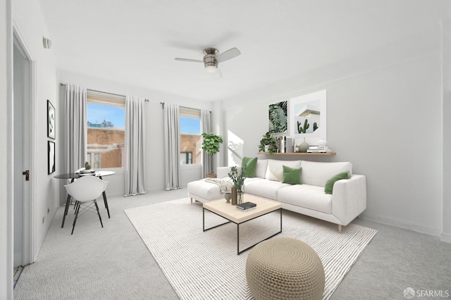 living room with ceiling fan and light carpet