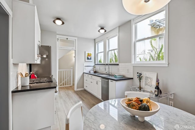 kitchen with dark countertops, stainless steel dishwasher, tasteful backsplash, and a sink