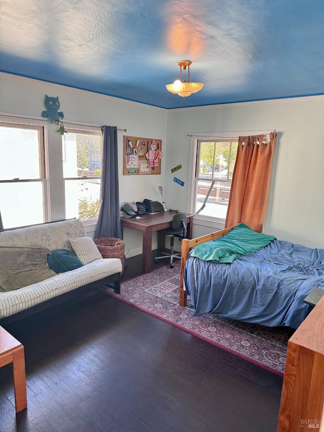 bedroom with multiple windows and dark wood-type flooring