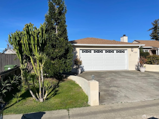21723 Ada St, Castro Valley, CA 94546 - view of front of home featuring a chimney, fence, stucco siding, an attached garage, and concrete driveway