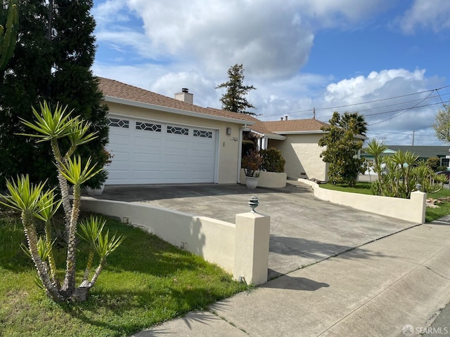 21723 Ada St, Castro Valley, CA 94546 - view of front of property featuring a garage, stucco siding, a chimney, and concrete driveway