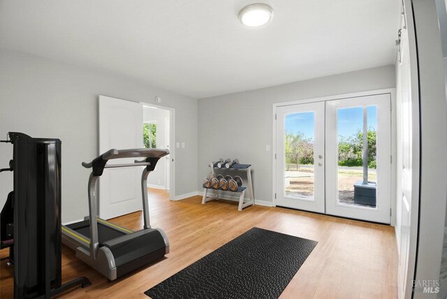 1685 Bay Flat Rd, Bodega Bay, CA 94923 - exercise area with french doors, light wood finished floors, and baseboards