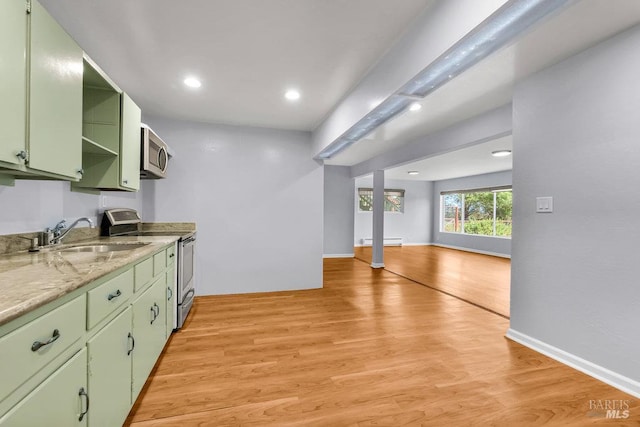 1685 Bay Flat Rd, Bodega Bay, CA 94923 - kitchen featuring green cabinets, stainless steel appliances, a sink, open shelves, and recessed lighting