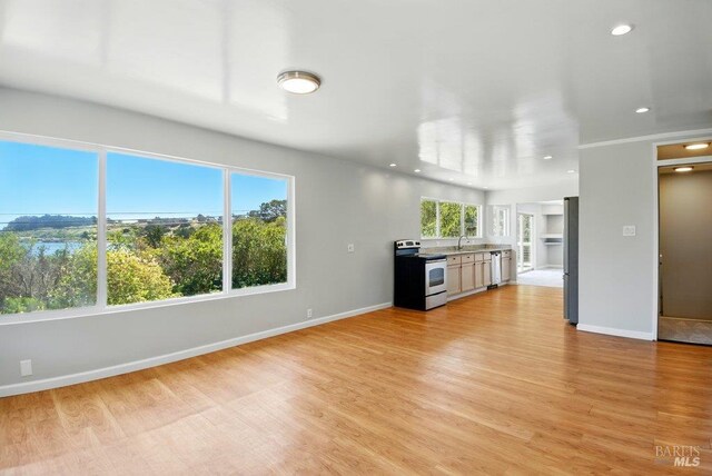 1685 Bay Flat Rd, Bodega Bay, CA 94923 - kitchen featuring stainless steel appliances, light wood-type flooring, a sink, baseboards, and recessed lighting