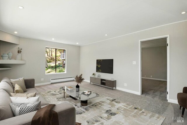 1685 Bay Flat Rd, Bodega Bay, CA 94923 - living area with baseboard heating, recessed lighting, carpet flooring, and baseboards