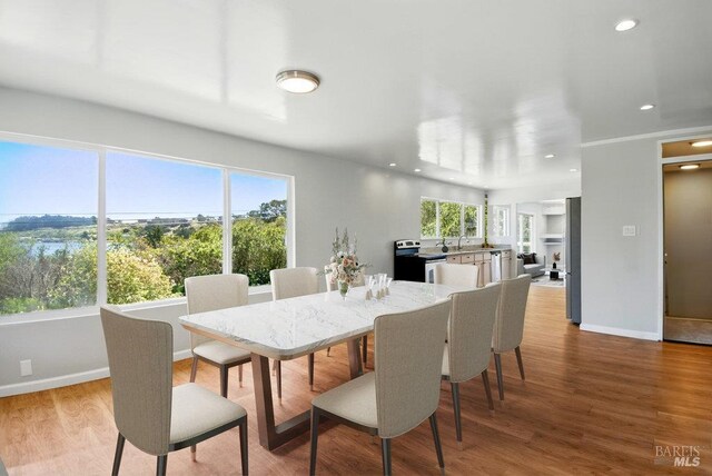1685 Bay Flat Rd, Bodega Bay, CA 94923 - dining area with wood finished floors, baseboards, and recessed lighting