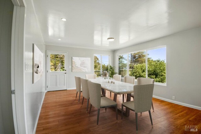 1685 Bay Flat Rd, Bodega Bay, CA 94923 - dining space with wood finished floors, baseboards, and recessed lighting