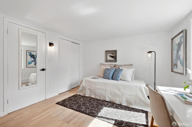 bedroom with wood finished floors and a closet