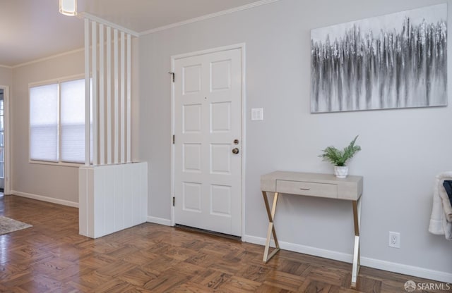 entrance foyer featuring dark parquet flooring and crown molding