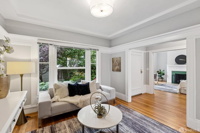 1250 Vallejo St Unit 2, San Francisco, CA 94109 - living area featuring wood finished floors, a fireplace, and a tray ceiling