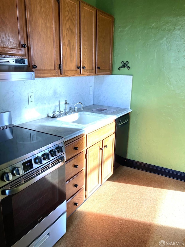 kitchen with electric range, sink, backsplash, extractor fan, and dishwasher