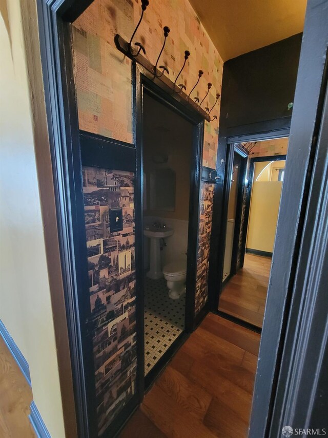 hall featuring a sink and wood finished floors