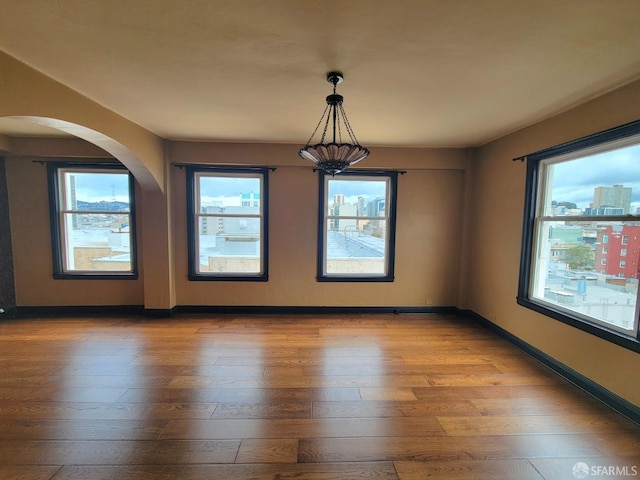 unfurnished room with baseboards, a healthy amount of sunlight, and hardwood / wood-style flooring