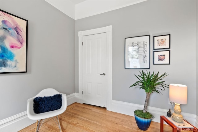 sitting room with baseboards and light wood-style floors