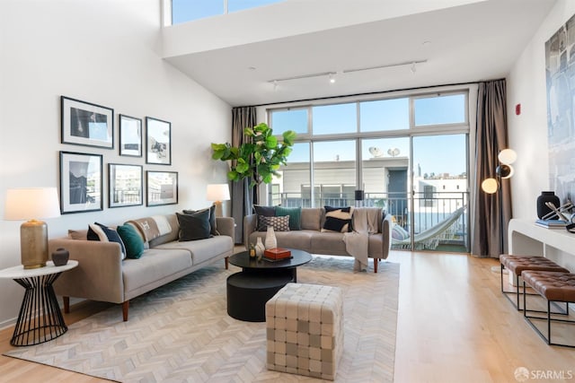 living room featuring track lighting, light hardwood / wood-style floors, and a towering ceiling