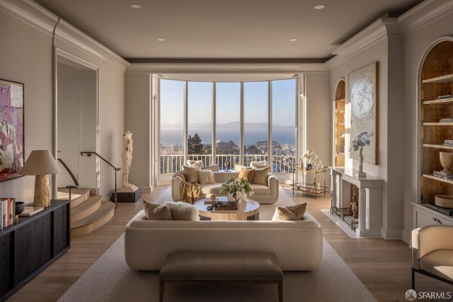 living room featuring ornamental molding and light hardwood / wood-style floors