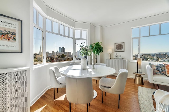 dining space with a wealth of natural light, a city view, and wood finished floors