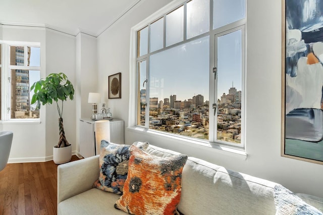 living area with baseboards, wood finished floors, and a city view