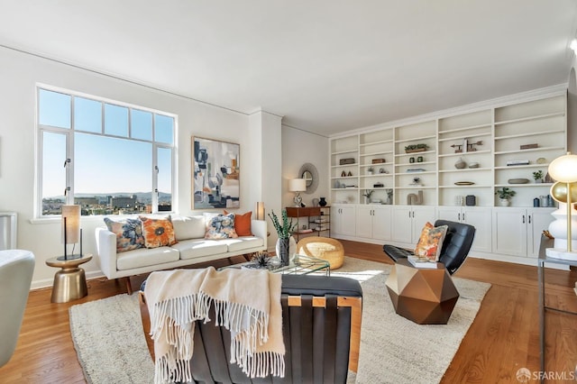 living area featuring baseboards and wood finished floors