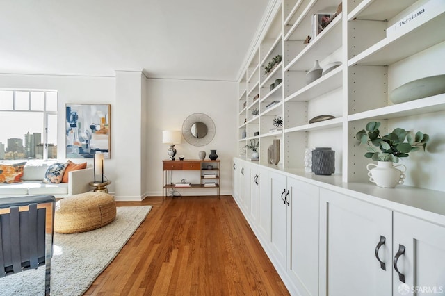 living area featuring wood finished floors and baseboards