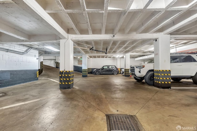 parking deck with concrete block wall