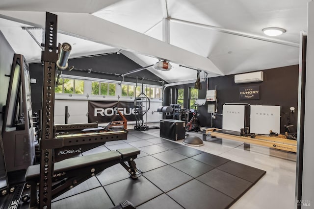 workout area with vaulted ceiling and a wall mounted air conditioner