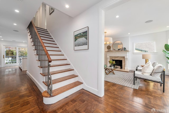 192 Yerba Buena Ave, San Francisco, CA 94127 - stairway featuring baseboards, a fireplace, and recessed lighting