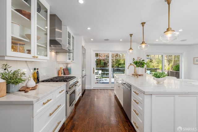 192 Yerba Buena Ave, San Francisco, CA 94127 - kitchen with high end appliances, wall chimney range hood, a sink, dark wood finished floors, and recessed lighting