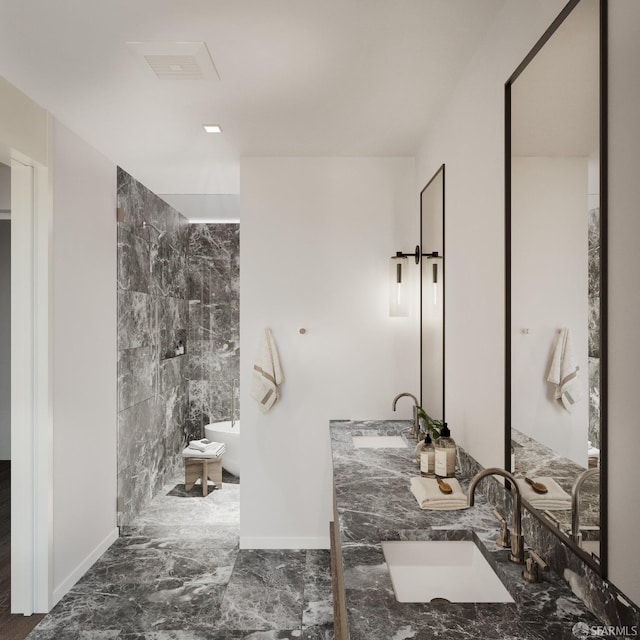 bathroom with vanity, tile walls, and shower with separate bathtub