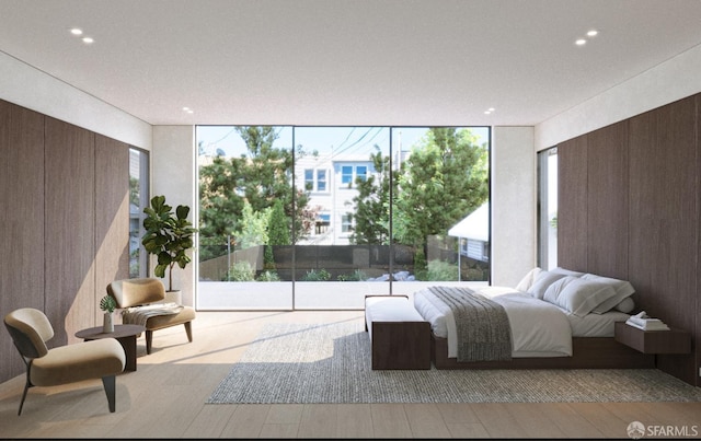 411 Clipper St, San Francisco, CA 94114 - bedroom featuring wood finished floors, recessed lighting, floor to ceiling windows, and wooden walls