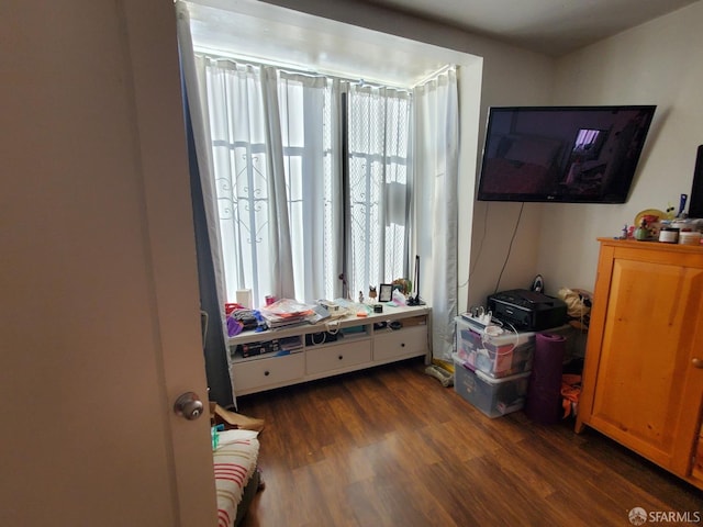 bedroom with dark hardwood / wood-style floors and multiple windows