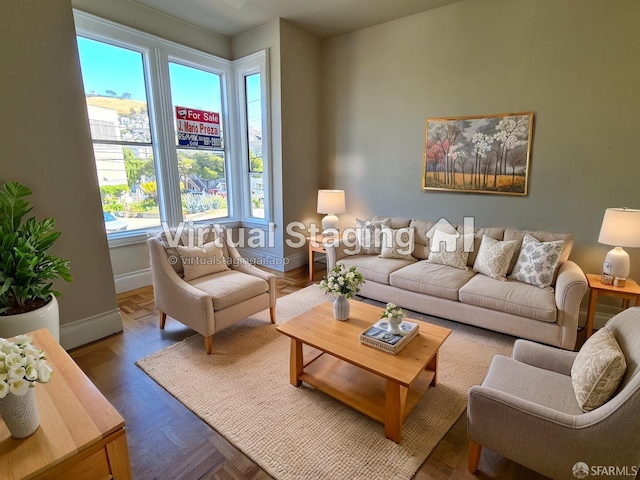 living room with dark parquet floors