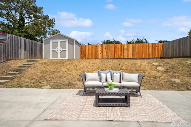 212 Kavanaugh Way, Pacifica, CA 94044 - fenced backyard with a storage unit, a patio, and an outdoor hangout area