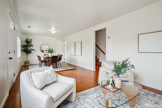 212 Kavanaugh Way, Pacifica, CA 94044 - living area featuring stairs, wood finished floors, and ornamental molding
