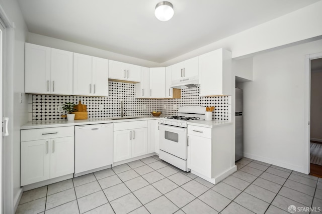 212 Kavanaugh Way, Pacifica, CA 94044 - kitchen featuring white appliances, under cabinet range hood, light countertops, light tile patterned flooring, and white cabinets