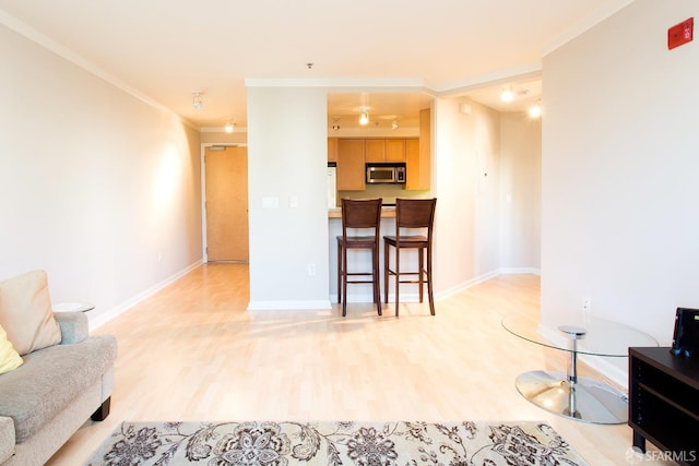 living room featuring light hardwood / wood-style flooring and ornamental molding