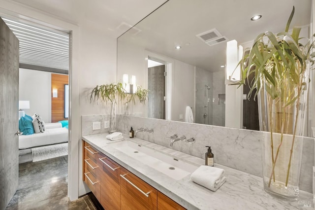 full bathroom with concrete floors, visible vents, recessed lighting, vanity, and a stall shower