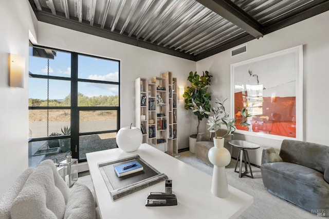 living area featuring carpet and visible vents