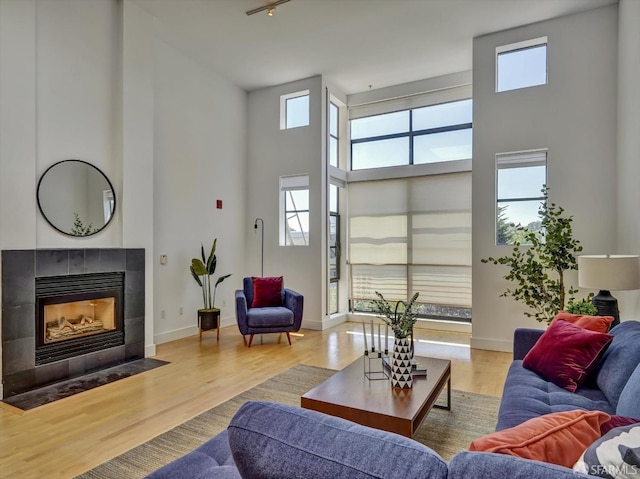 living room with a fireplace, hardwood / wood-style floors, and a high ceiling