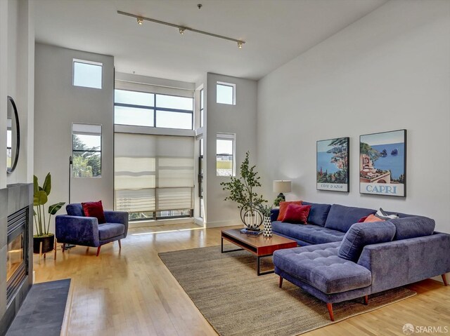 living room featuring a towering ceiling, hardwood / wood-style floors, and rail lighting