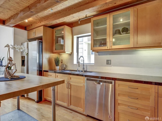 kitchen featuring light wood-type flooring, stainless steel dishwasher, beam ceiling, and sink