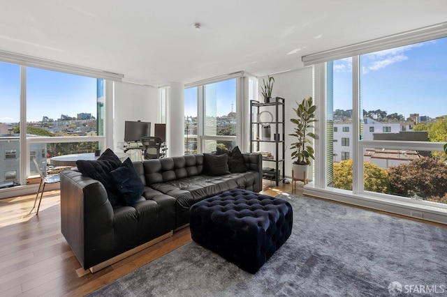 living room with floor to ceiling windows and wood finished floors