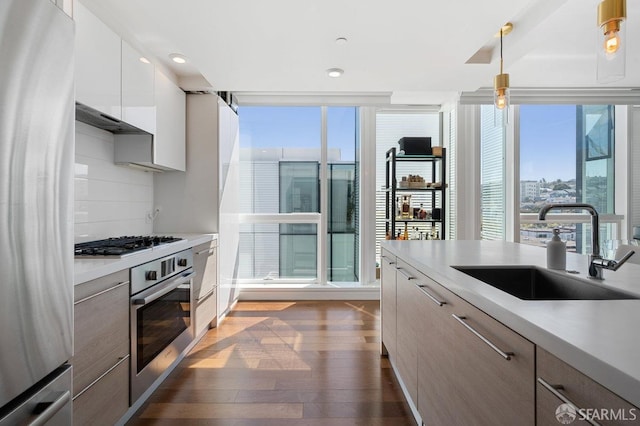 kitchen featuring dark wood finished floors, stainless steel appliances, light countertops, a sink, and modern cabinets