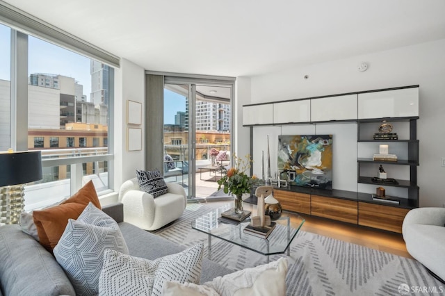 333 Beale St Unit 7G, San Francisco, CA 94105 - living room with a city view, wood finished floors, and a wall of windows